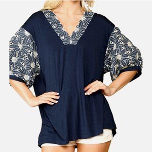 Nwt FUNKY STUFF navy embroidered cotton lace rayon knit TOP T-SHIRT XL